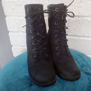 Timberland Boots Womens 7.5 Glancy Black Ortholite 3 Inch Heel Lace Up Leather